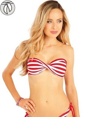 Red and White Striped Bandeau Bikini Top with a Central Twist